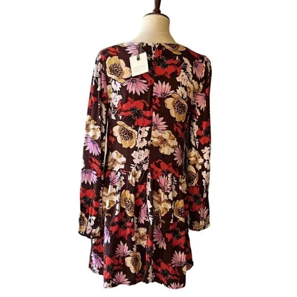 Hinge Women's Pintuck Floral Burgundy Fudge Wild Bouquet Mini Dress Size S - Picture 9 of 16